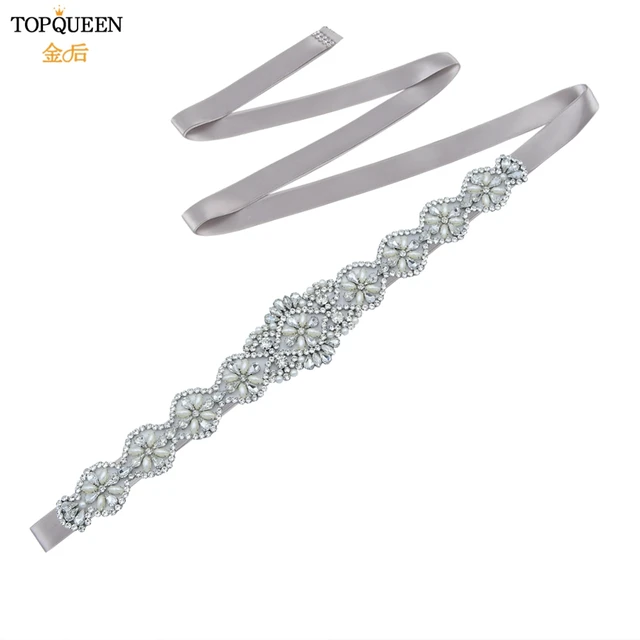 TOPQUEEN S161 White Wedding Belts Silver Rhinestone Belt Accessories for Bride Crystal Formal Dress Belt Gown Sash Bridal Belt Gray Ribon