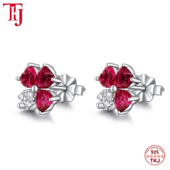 

TKJ 2 Pair Flower Stud Earrings Components For Women Red Color Cubic Zircon Ruby 925 Sterling Silver Ear Rings
