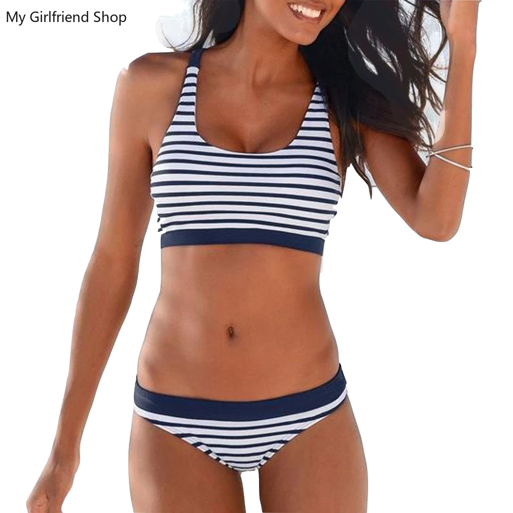 

2019 sexy high waist bikin push ups bandage Women's swimsuits black with white Striped swimwear female beach swimming suit