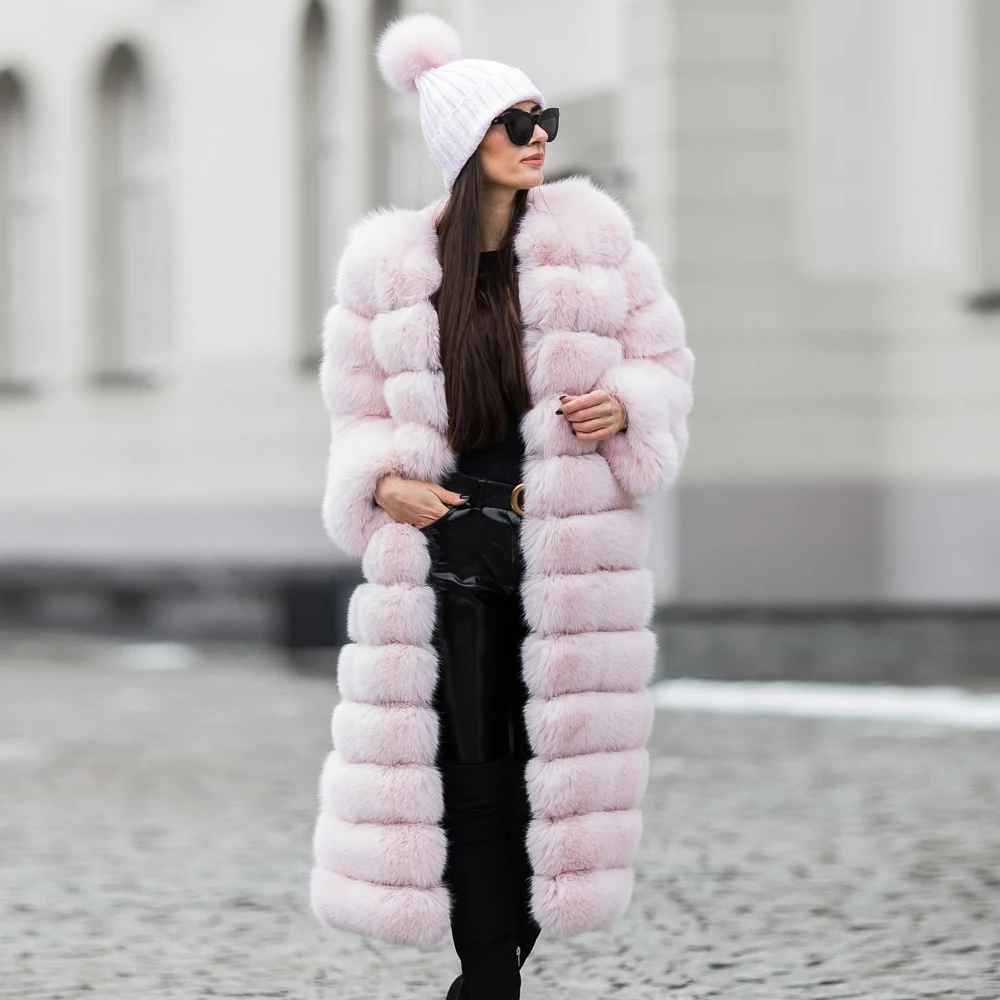Light Pink Real Fox Fur Coat Round Collar Women Fashion 120cm Long Natural Full Pelt Fox Fur Coats Woman Winter Outwear Luxury