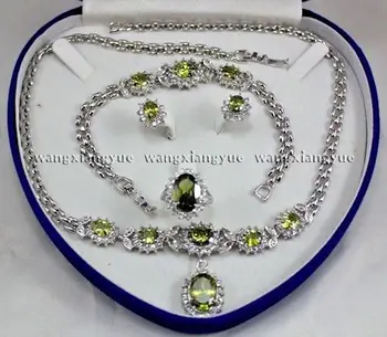 

Charming! Peridot Inlay Link Bracelet Earrings Ring Pendant Necklace Set AAA+ jade