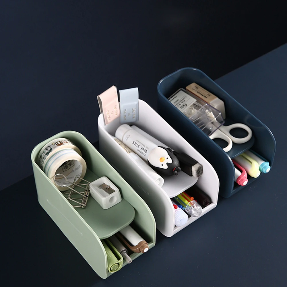 

Double-Layer Desktop Storage Box Plastic Office Pen Stationery Case Magnetic Pen Holder Makeup Storage Multifunction Organizer