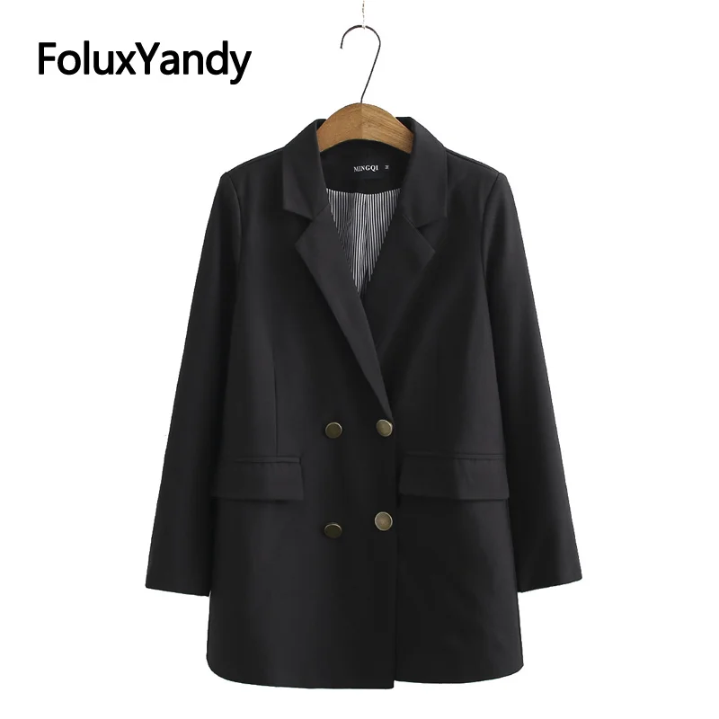 

Women Blazer Lady Office Work Suit Plus Size Blazer Double Breasted Formal Jacket Slim Black Femme Coat Outerwear KKFY4810