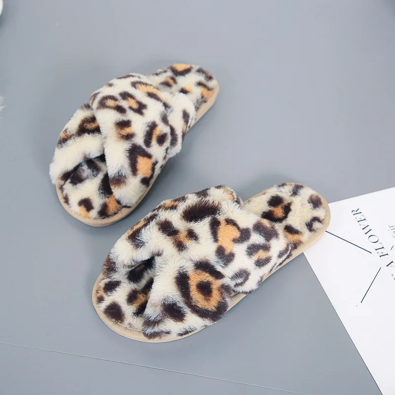 

2018 Autumn And Winter New Style Leopord Pattern Cross Plush Slipper Women's Home Indoor Anti-slip Flat Floor Slippers Peep-Toe