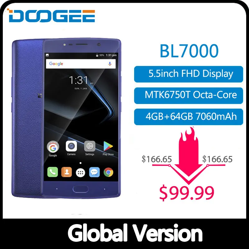  DOOGEE BL7000 7060mAh 12V2A Quick Charge 5.5'' FHD MTK6750T Octa Core 4GB RAM 64GB ROM Smartphone D