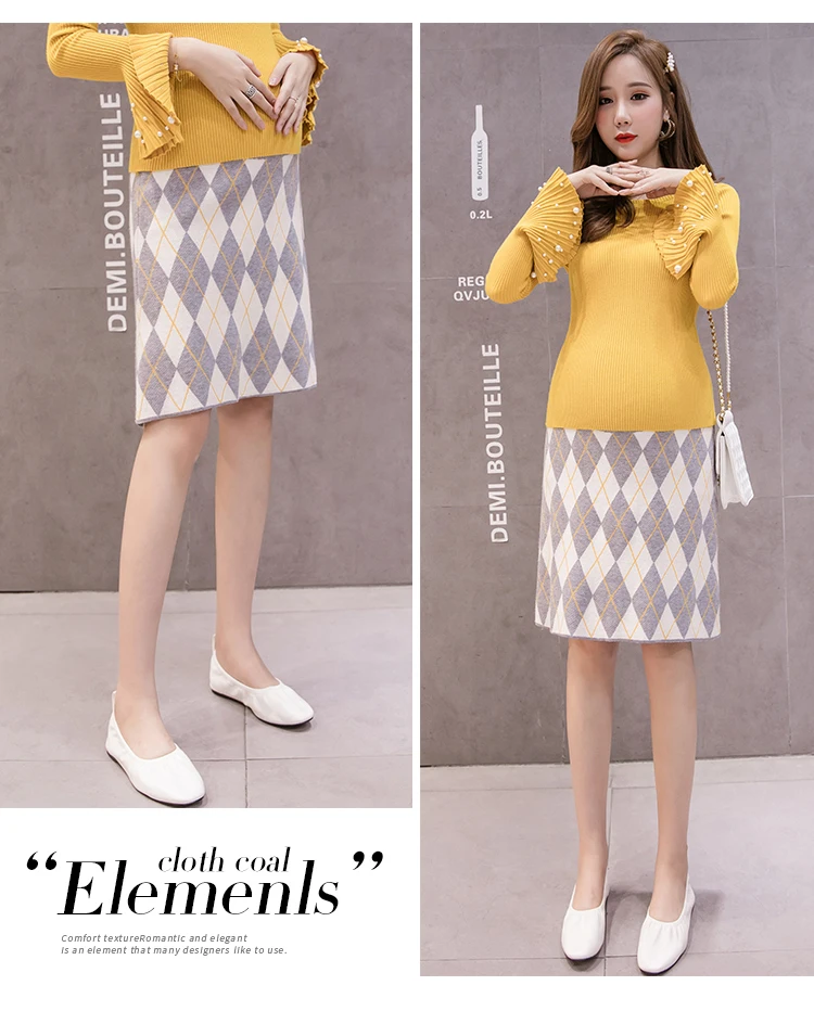 Fashion Printing Maternity Knitted Belly Skirts Autumn Office Lady Elegant Plaid Skirt Knee-Length Pregnant Women Empire Skirts