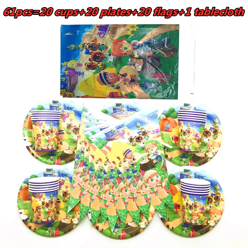 Animal Crossing New Horizons Game Party Decorations Disposable Tableware Happy Birthday Flag Cup Plate Tablecloth Party Supplies 