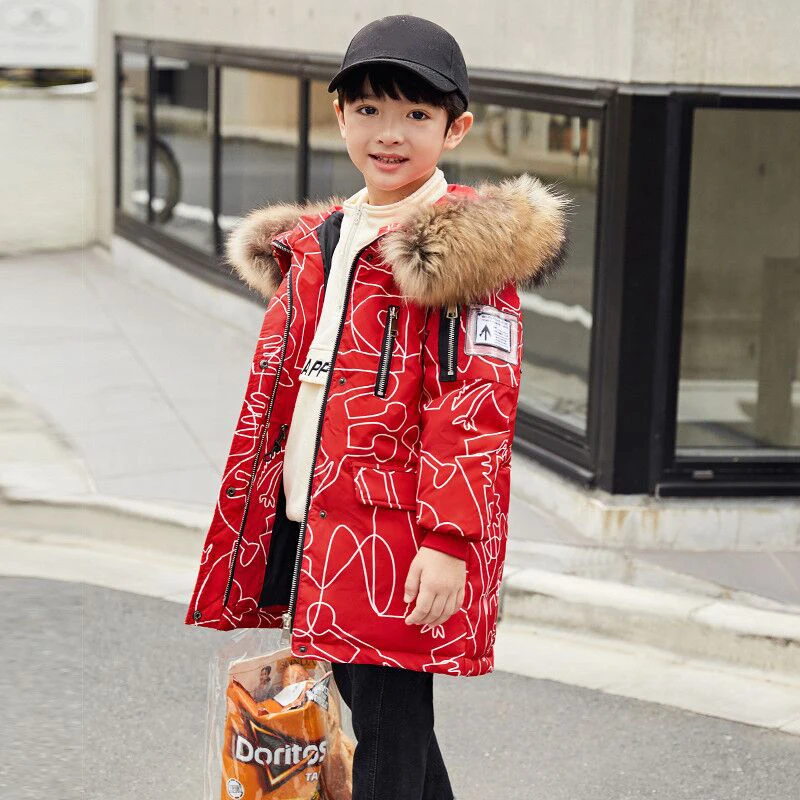 New Winter Kids Boys Down Coat With Fur Collar Graffiti Kids Girls White Duck Down Jackets Thicken Children Outerwear Coat - Цвет: Красный