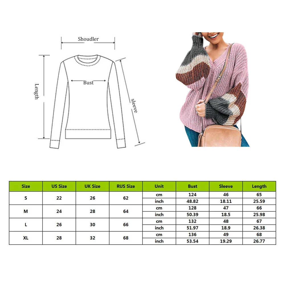 V Neck Plus Jumper Women's Sweater 2019 Winter Patchwork Loose Lantern Sleeve Streetwear Stripe Women's Jumper Female Pullover
