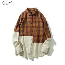 GUYI Осенняя клетчатая рубашка для мальчиков, Необычные Лоскутные мужские рубашки для пары, хлопковый льняной кардиган с длинными рукавами, Повседневная рубашка