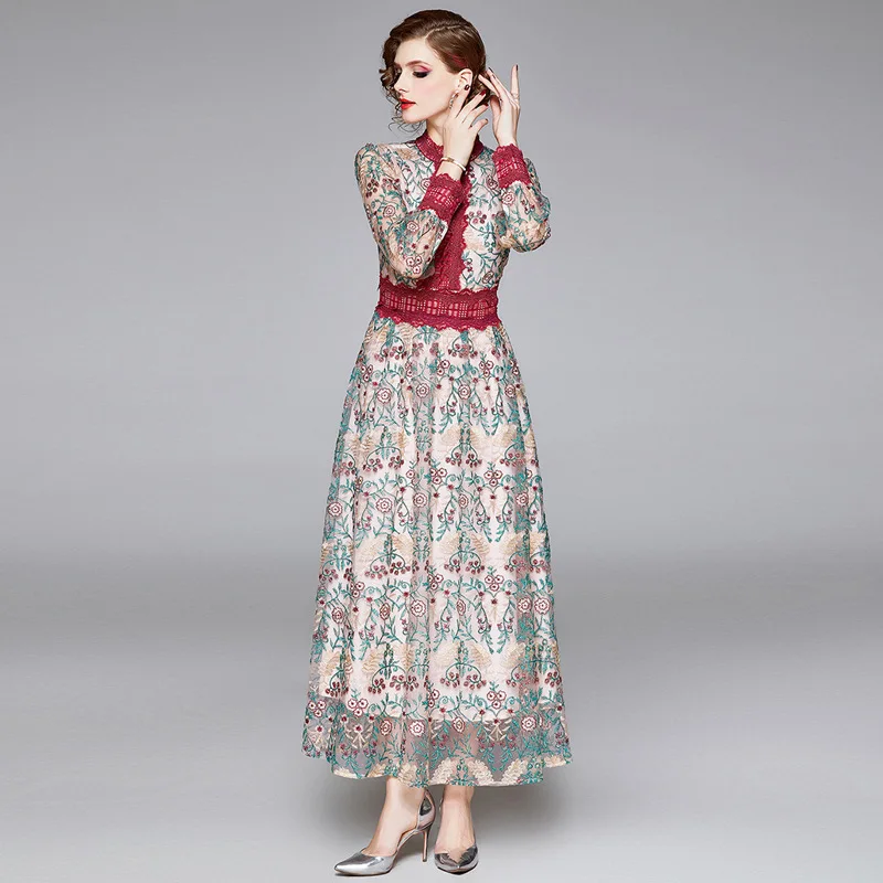 

Europe And America 2020 Embroidery Dress Long Dress Slimming Significantly Higher Elegant Tea Service Dress Long