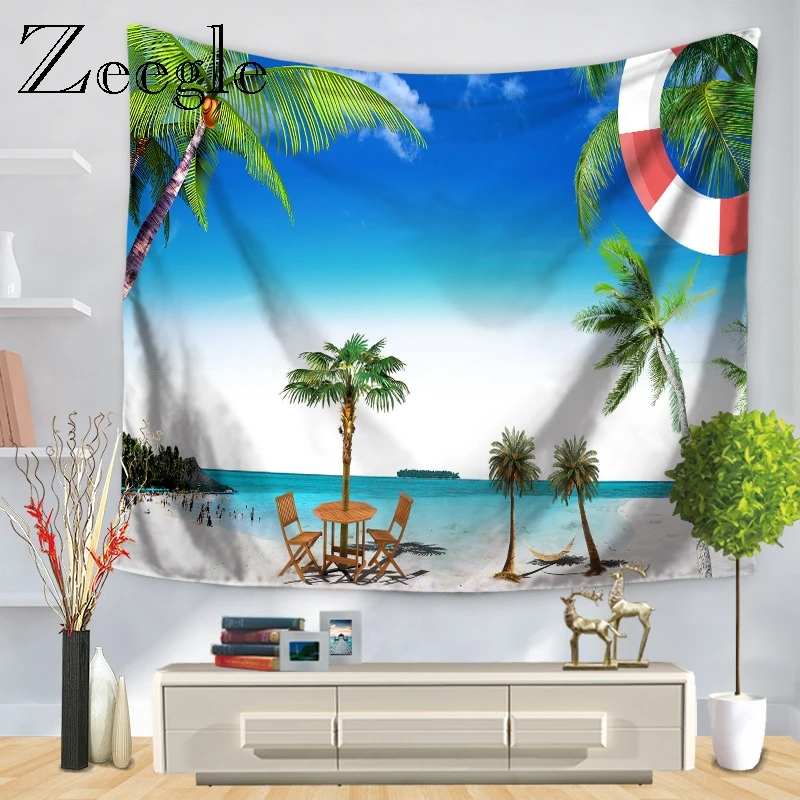 Zeegle Beach Sailboat Tree Pattern Tapestry Wall Hanging Home Decor Printed Fabric Beach Towel Throw Blanket Picnic Yoga Mat