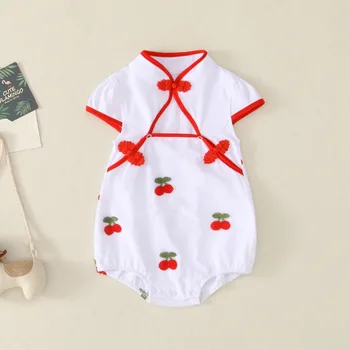 

Clothes for Babies Summer Wear Short Sleeve Baby Girls Triangular Crawling Clothes BABY'S FIRST Month Cherry Onesie