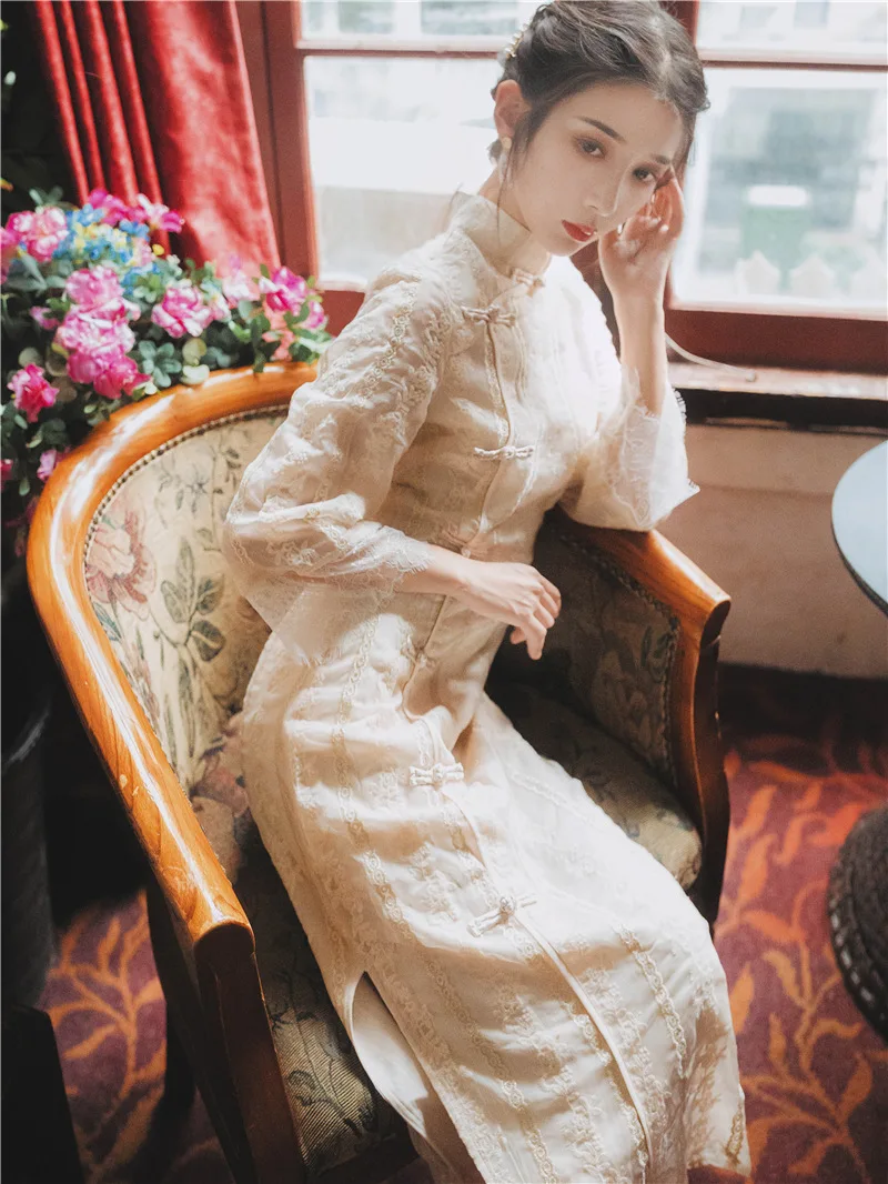 

2019 Autumn French Retro Daily Life Improved Edition Cheongsam Dress nian qing kuan Girly Style Mid-length Slimming Skirt