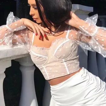

She'sModa Dot Mesh Bra Wrapped Cropped Top Women's Women Blouses Top