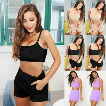 

2020 Summer Two Pieces Set Women Sexy Club Dress Sleeveless T-shirts and Shorts Suit Bodycon Solid Mini Party Dress