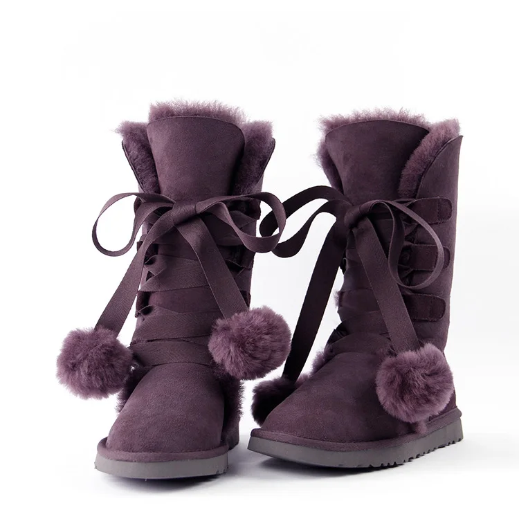 Новинка; Модные женские зимние сапоги из натуральной овечьей кожи; сапоги из натурального меха; теплые шерстяные зимние сапоги; женские высокие сапоги - Цвет: Grape Purple