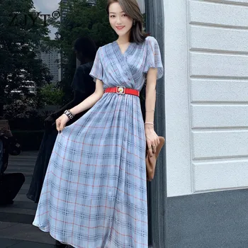 

Summer Dresses for Women 2020 New Fashion Clothes Elegant Short Sleeve V Neck Plaid Print Midi Chiffon Dress with belt