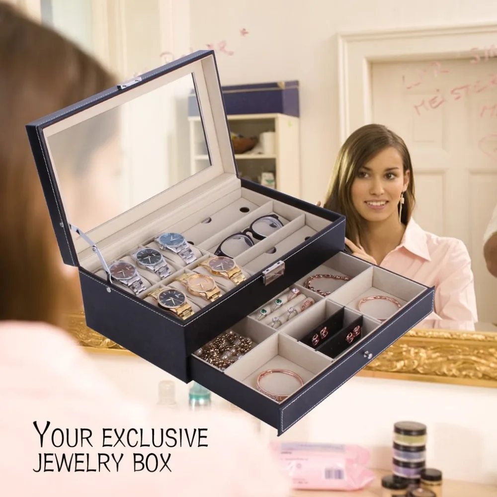 Multifunctional Double Layers Wooden Jewelry Watch Storage Box Sunglasses Watch Display Slot Case Box Container