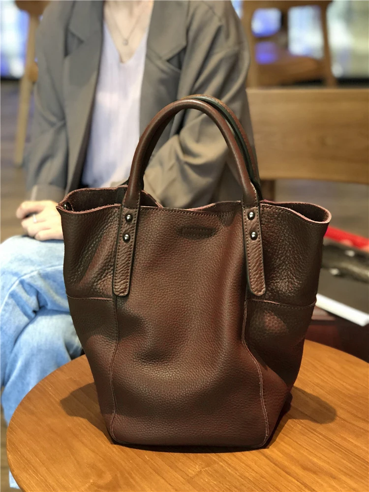 

Hand-designed Handles File Bag, Shoulder And Black Female Bag 100% Leather Simple Casualinvage Casual Piece Real Ladies