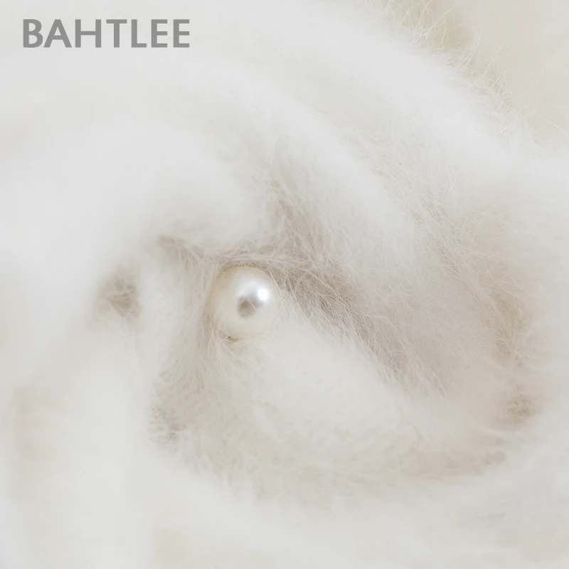 BAHTLEE Для женщин ангоры укороченные кардиганы свитер осенне-зимнее, связанное из шерсти джемпер пальто одежда с длинным рукавом и круглым вырезом, комплект из стиль обувь с жемчугом и с пряжкой