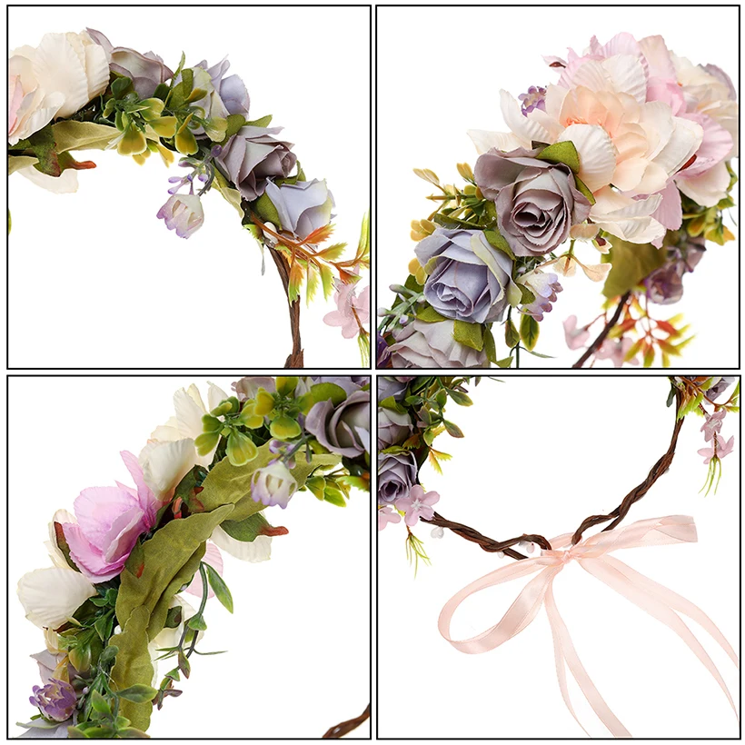 LEVAO Bridal Garland Headpiece Holiday Flower Headband Wreath Hairband Party Girl Hair Accessories Corolla Crown Ribbon Headwear