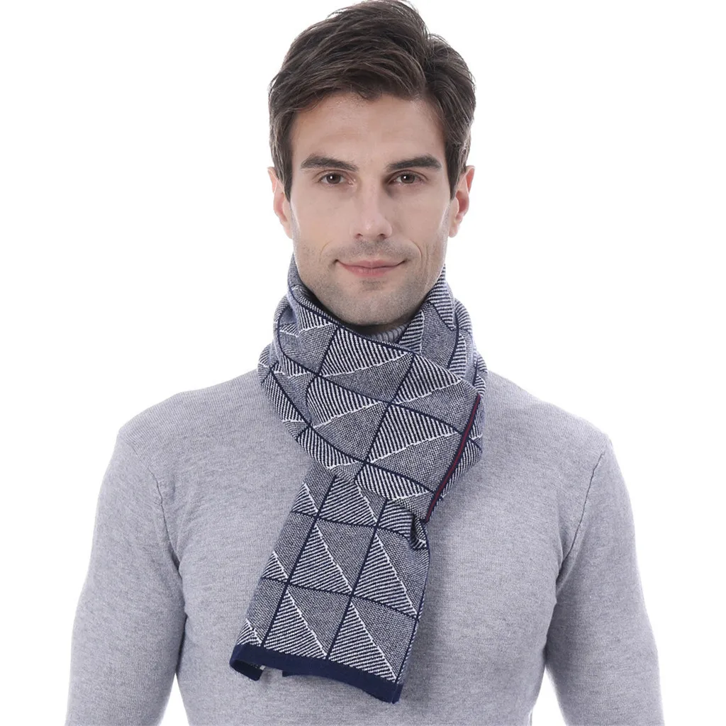 autumn Winter new Men's Autumn Winter Jacquards Knit Scarf Middle-aged Father Plaid Scarf Gift Neckerchief Long Wraps#O9