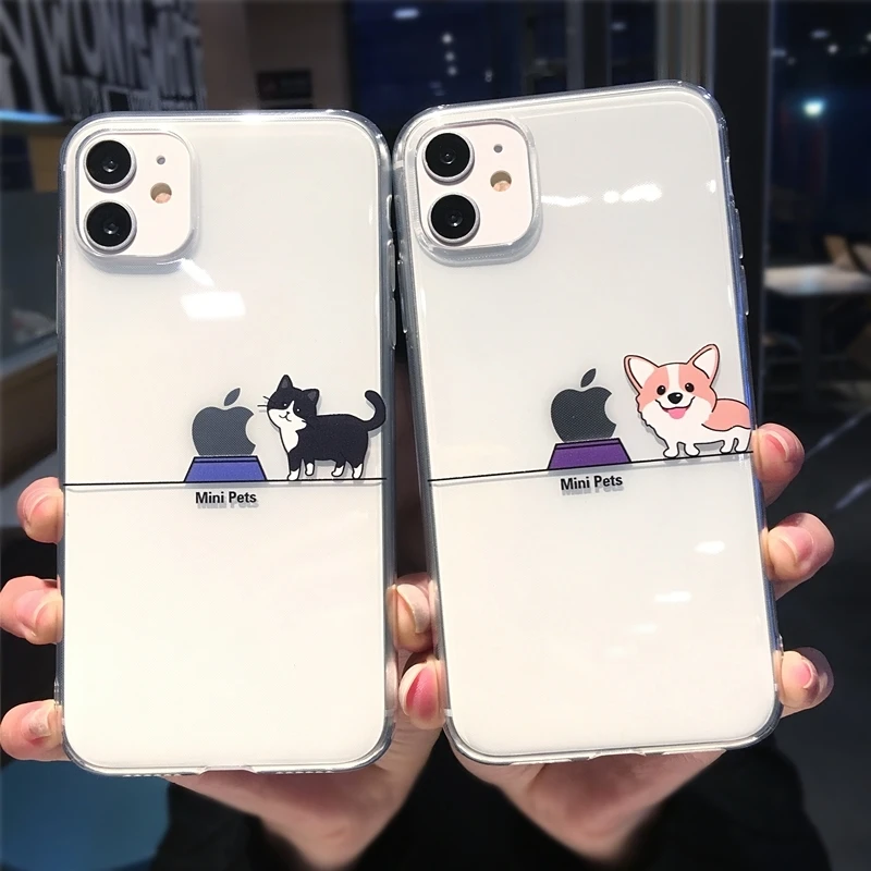 Cute Funny Cartoon Cat Dog Pig Clear Phone Case For iPhone 11 Pro Max X XS XR 12 Mini 7 8 Plus Couple Transparent Soft TPU Cover
