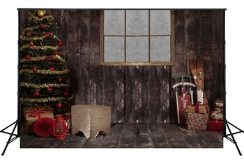 

Christmas Tree Backdrop Brown Wood Wall And Floor Gifts Snowman Background Winter Holiday Party Photo Studio Props ES-04