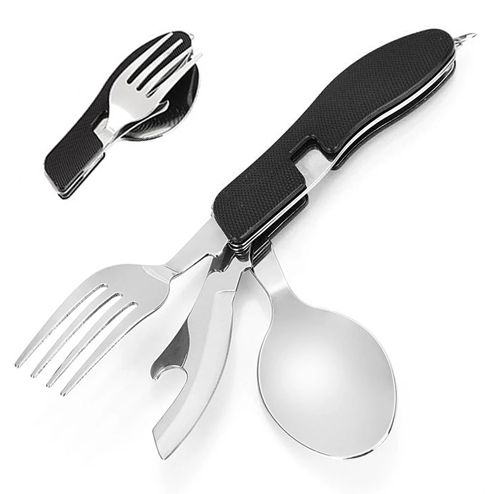 4 в 1 походный Набор Посуды Ложка Вилка Резак открывалка для бутылок из нержавеющей стали походные столовые приборы набор посуды для улицы