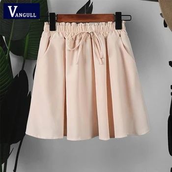 

Vangull New Solid Women Mini Ball gown skirt Summer High elastic tie waist skirt with shorts Simple Sweet Basic Loose skirt