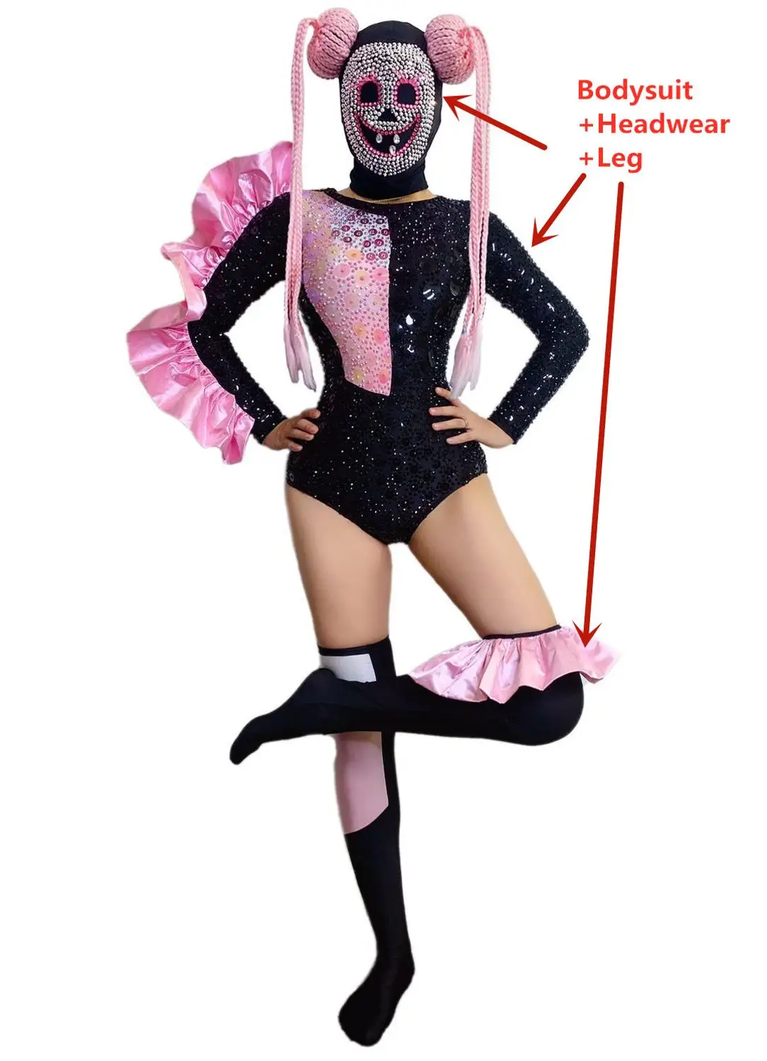 Halloween Carnival Party Pink Skull Rhinestone Bodysuit + Headgear Role Cosplay Costumes Adult Dancer Stage Outfit Sets bodysuits Bodysuits