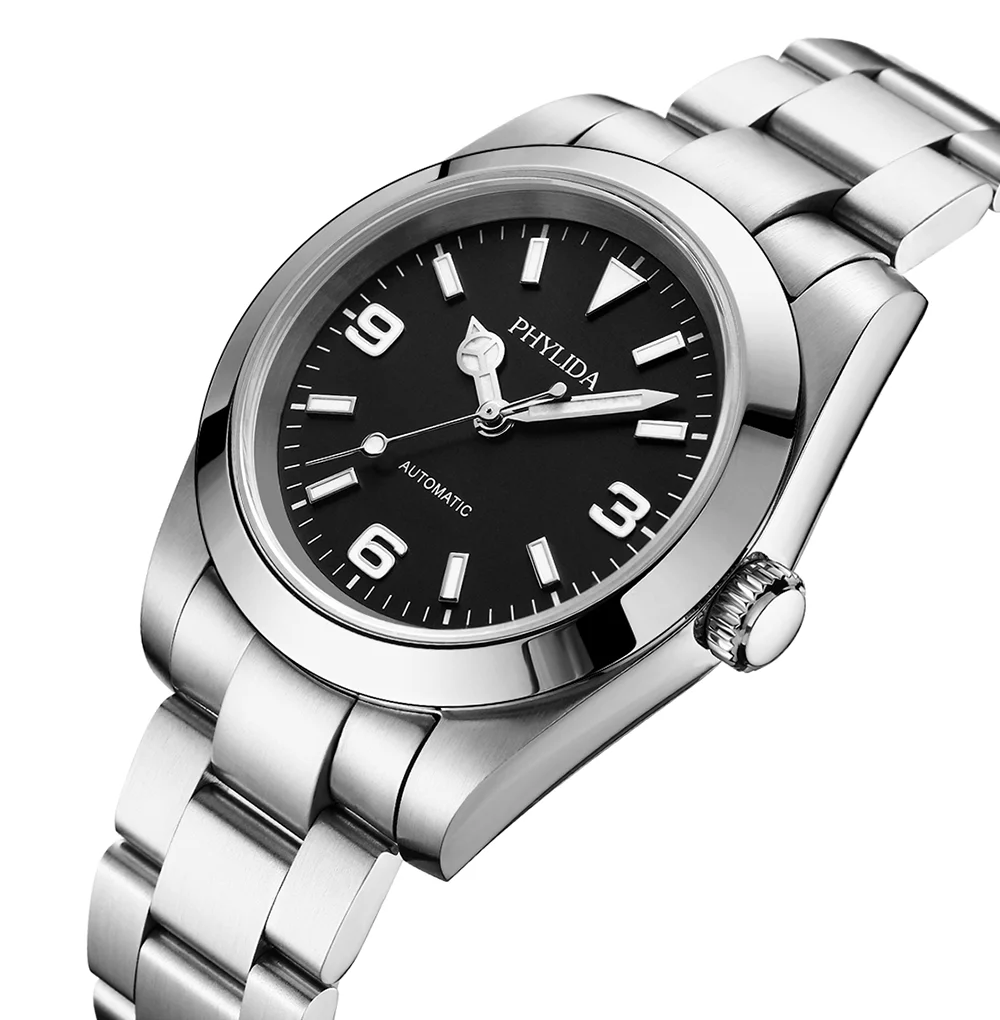 NEW 39mm Automatic Mechanical Luxury Watch Explore Black Dial 100M Water Resistant Brushed Bracelet