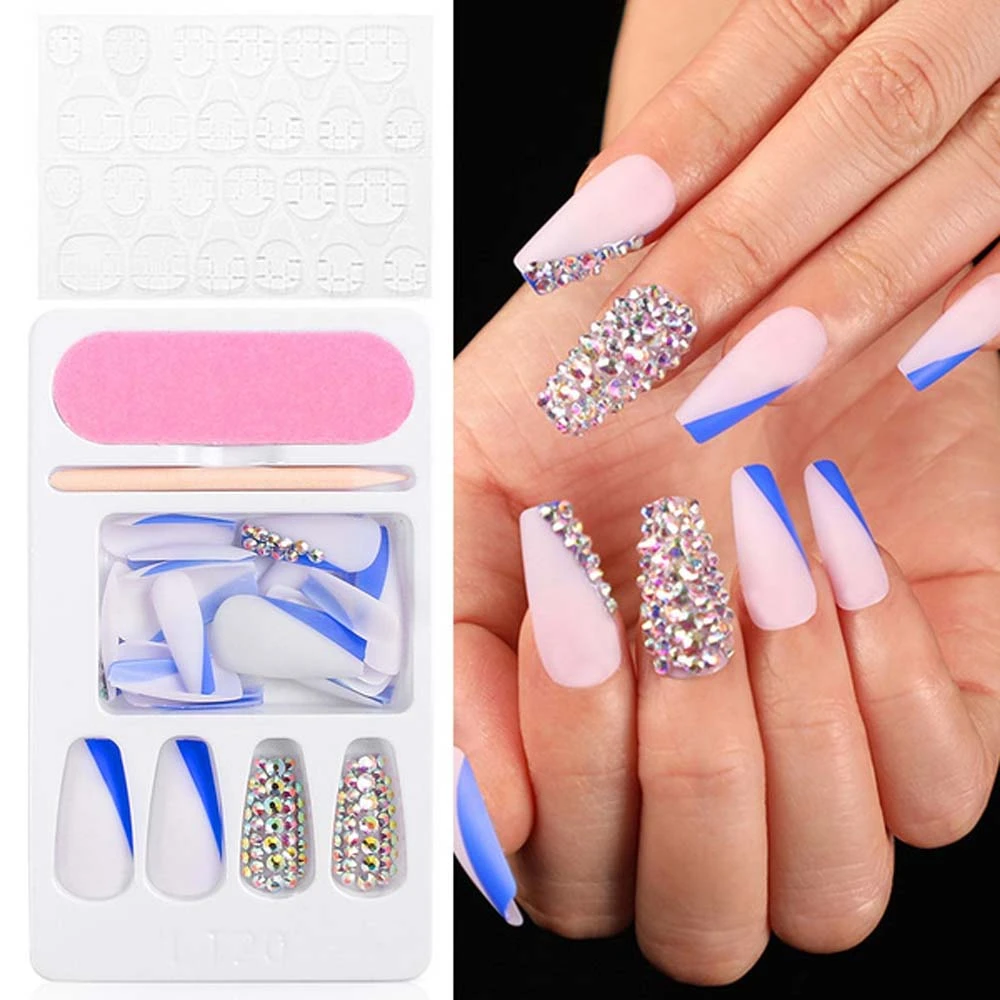 24pcs French Blue Ballerina Holographic Diamond Long Glossy Coffin Fake Nails Press On 3d Nail Tips Manicure With Box For Women False Nails Aliexpress