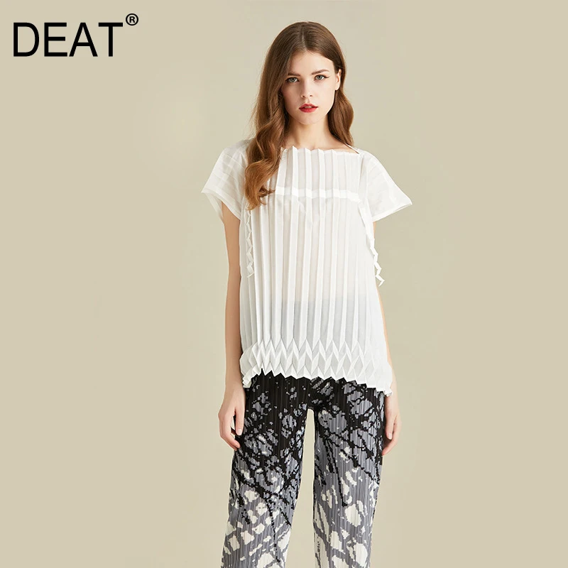 [DEAT] Summer New Patter Trend Round Neck Perspective Short-sleeved Women Lace Shirt Printed Wide-leg Pants Suit AI338