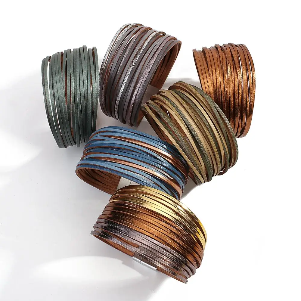 Amorcome New Multicolor Slim Leather Wrap Bracelets For Women Multiple Layers Strips
