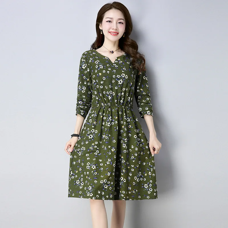 

2019 Spring Clothing New Style Cotton Linen WOMEN'S Dress Loose And Plus-sized Slim Fit Slimming Printed Long Sleeve A- line Dre