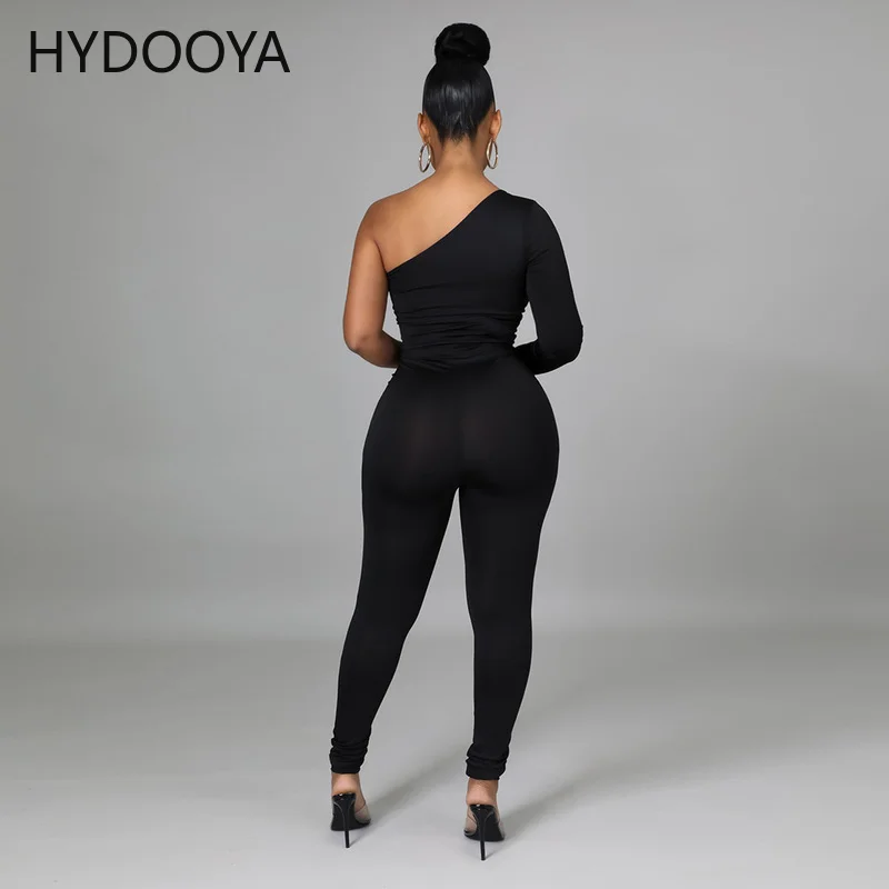Black Mesh Patchwork Slim Rompers Womens Jumpsuit One Shoulder Long Sleeve One Piece Overalls Sexy See Through Backless Outfits