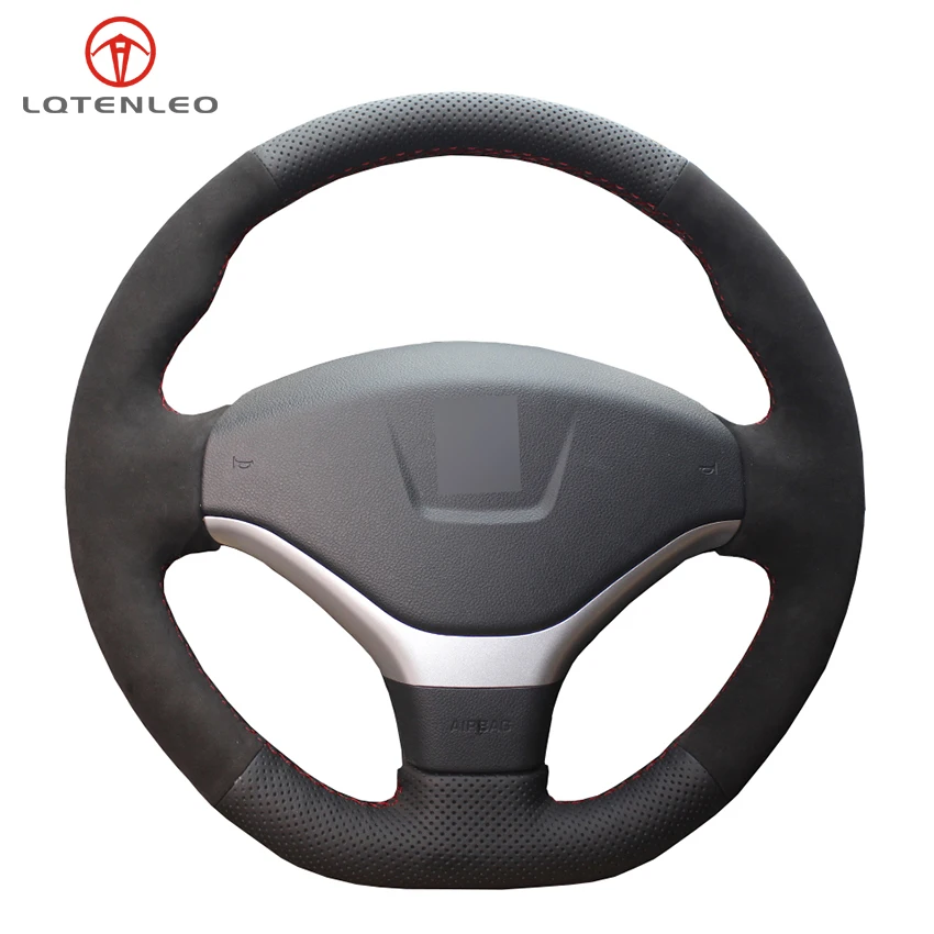 Lqtenleo Black Genuine Leather Suede Diy Handstitched Car Steering