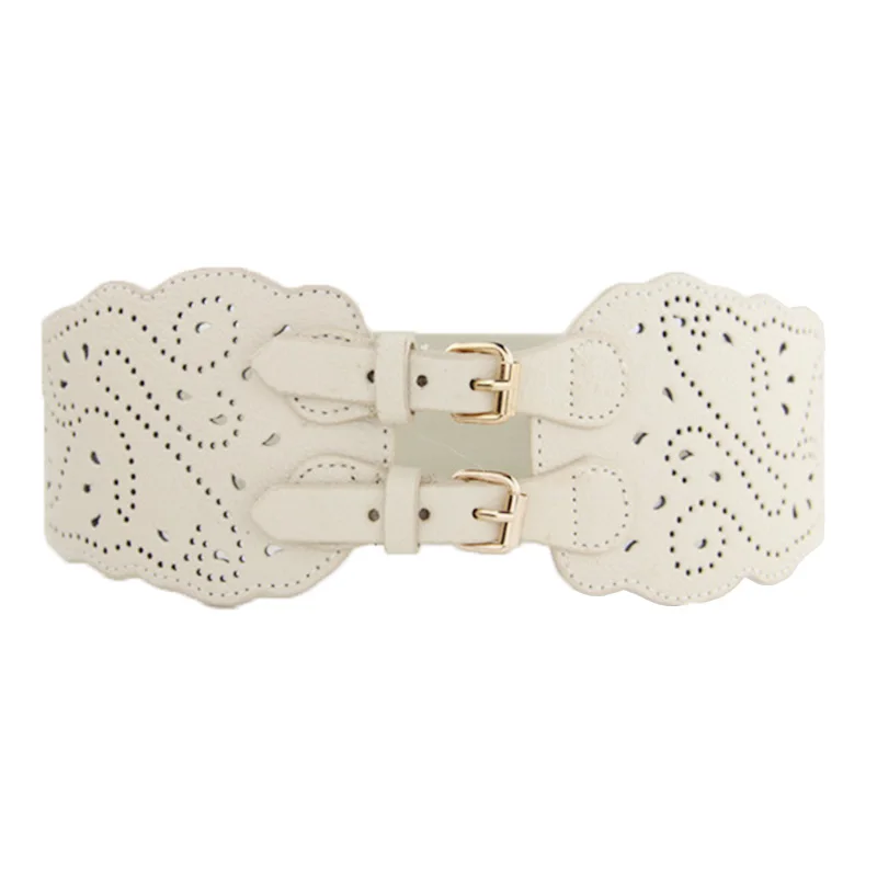 style 2 beige Модный женский ремень с двойной пряжкой, эластичный пояс на талии, полиуретановый широкий эластичный корсетный пояс для женских платьев - Цвет: style 2 beige
