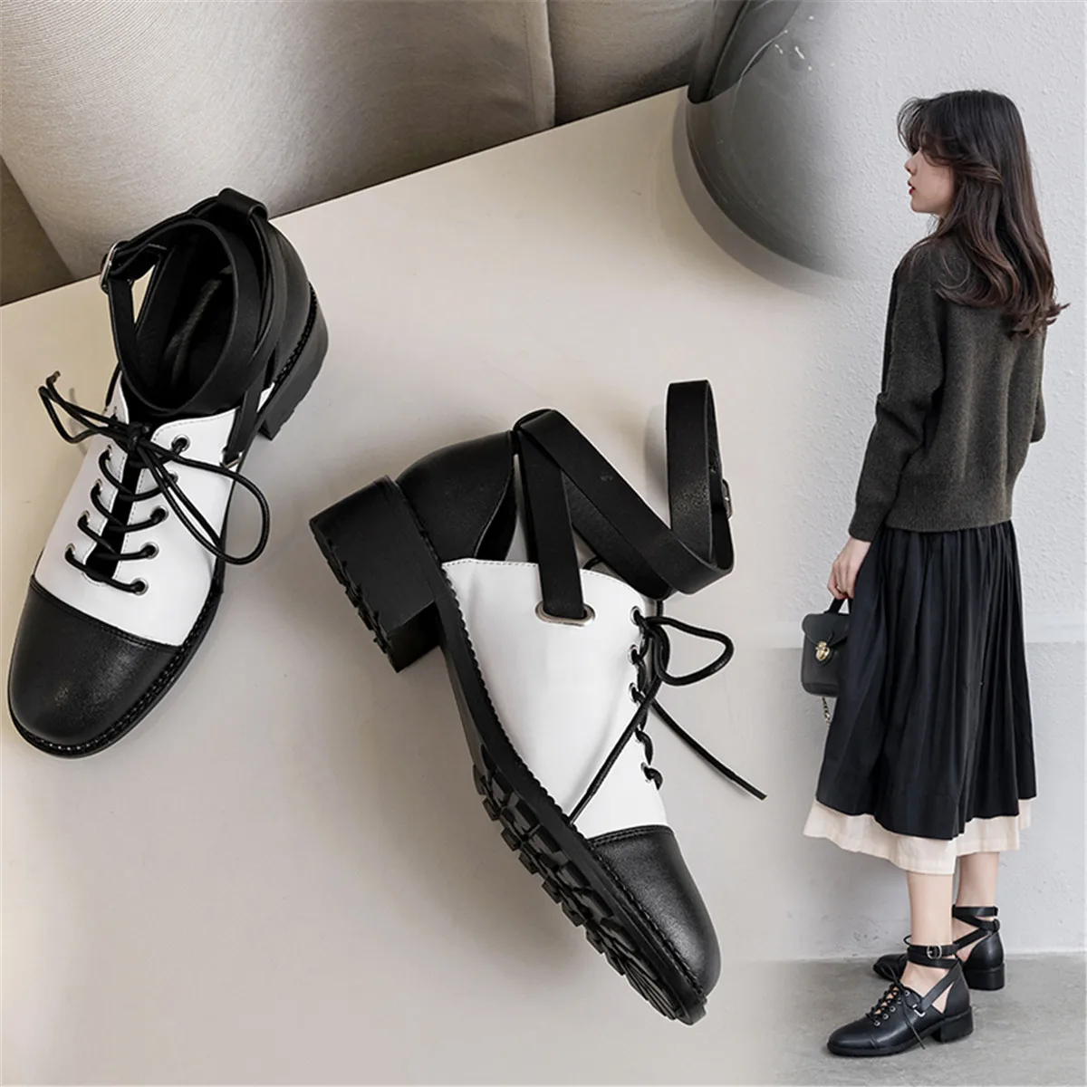 Women's genuine leather mix color patchwork falts ankle strap leisure oxfords lace-up casual oxfords high quality shoes women