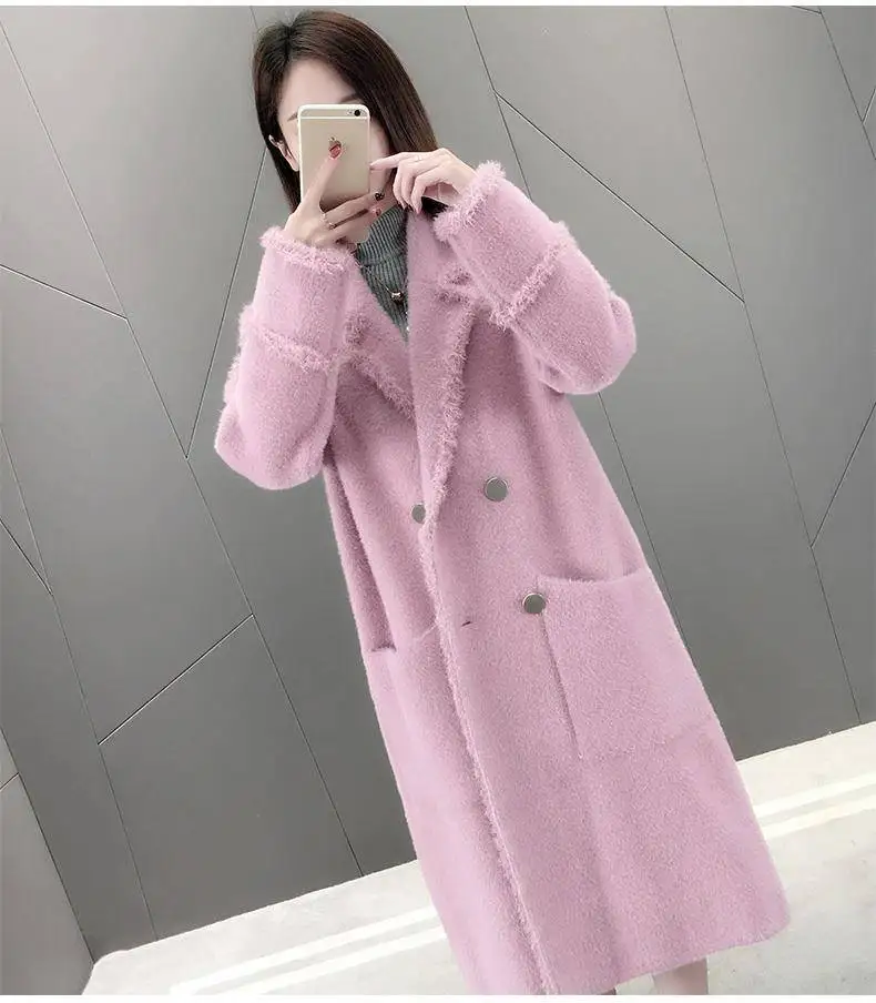 spring and autumn imitation water velvet thick woolen coat female long section new loose over the knee coat