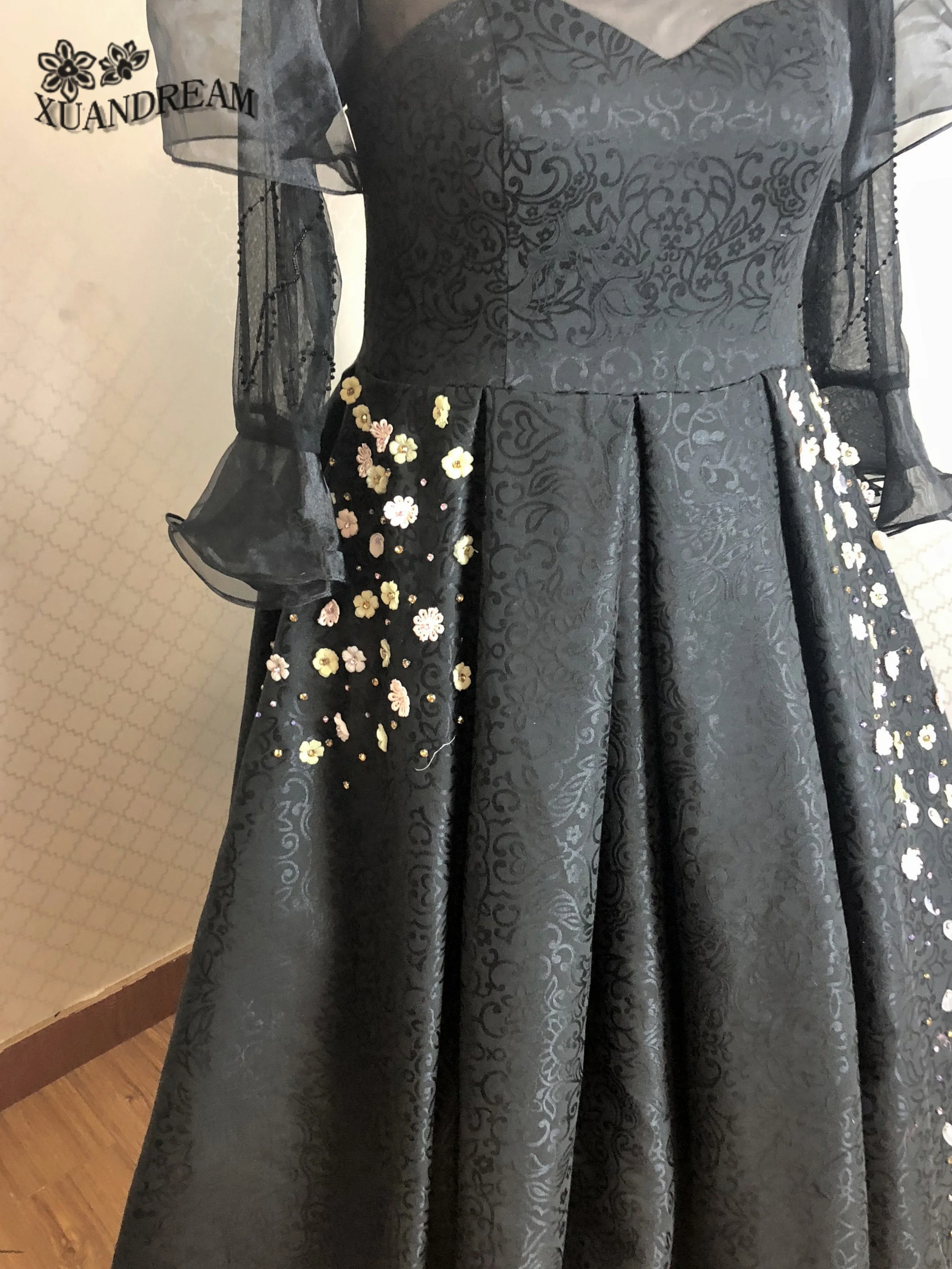 Плюс размер элегантное женское платье с цветочным принтом trajes de noche de gala с длинными рукавами черные Выпускные платья Сделано в Китае XD-137