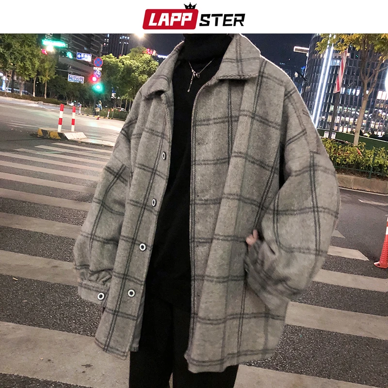 LAPPSTER Men Korean Style Plaid Overcoat 2020 Overcoat Wool Mens Streetwear Windbreaker Harajuku Fashions Oversize Jackets Coats LAPPSTER Men Korean Style Plaid Overcoat 2020 Overcoat Wool Mens Streetwear Windbreaker Harajuku Fashions Oversize Jackets Coats
