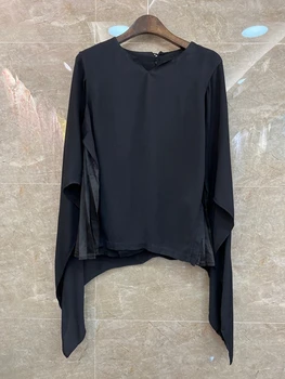 

2020 Spring and Summer New Women's Crew Neck on Both Sides of the Irregular Splice Crimp Decoration Long Sleeve Wild Top 422