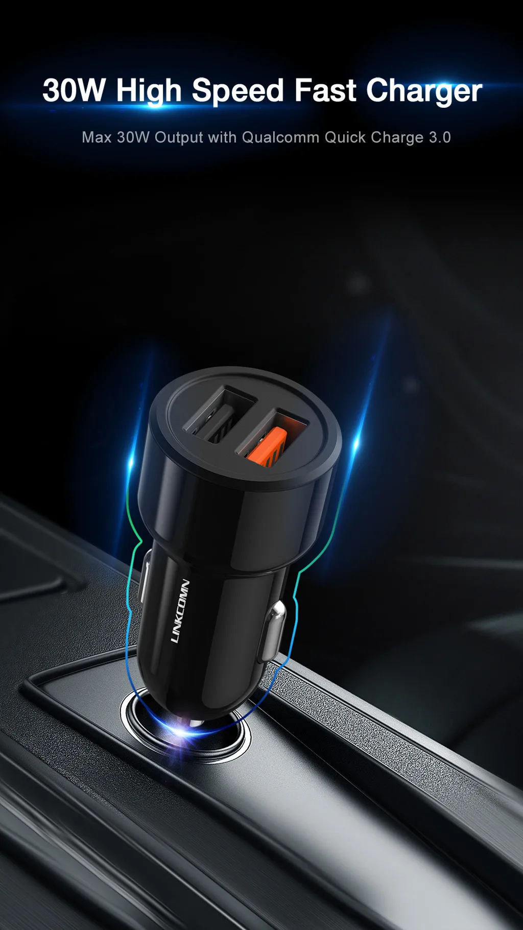 LINKCOMN автомобильное зарядное устройство для мобильного телефона 30 Вт Быстрая зарядка 3,0 USB Автомобильное зарядное устройство QC3.0 QC Dual USB с кабелем type-C Мульти Защита безопасности