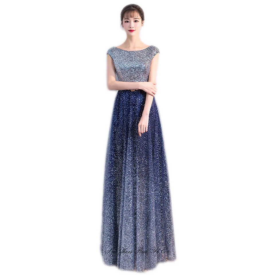 Сверкающие платья для выпускного вечера с блестками Vestidos De Gala Длинные вечерние платья на шнуровке сзади А-силуэта Формальное вечернее платье для женщин - Цвет: Navy Blue