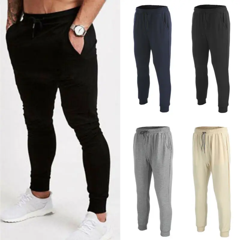 New Men's Slim Cuffed Hem Trousers Plain Track Sweat Pants Suit Gym Casual Sport |