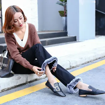 

Women Flare Jeans Rabbit Fur Ankle Length Winter Autumn Slim Girl's Fashion Casual Thick Bell-bottoms Pants A59