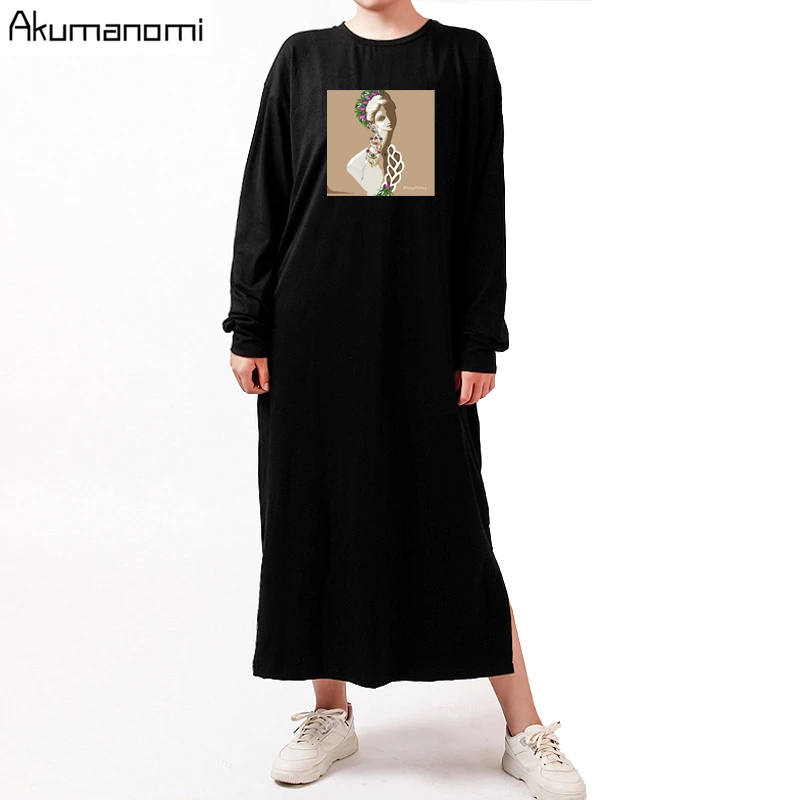 Футболка Макси платье Весна Осень размера плюс женские 7xl 6xl 5xl 4xl 3xl Xxl черные